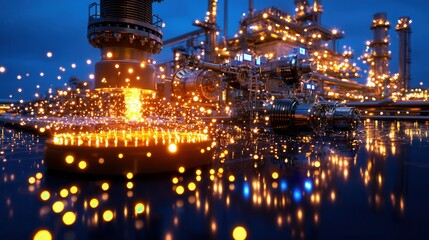 Poster - A meticulously designed modern fuel refinery illuminated at night featuring a complex network of glowing pipes towers and other industrial reflecting in the water