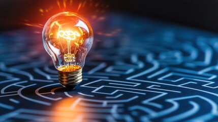Poster - Glowing lightbulb symbolizing an innovative idea or breakthrough shining over a minimalistic maze like circuit board design representing creative problem solving intelligence