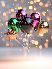 Poster - Mesmerizing of glossy star shaped balls in a vibrant display of lights and bokeh  This modern and composition creates a festive and elegant atmosphere perfect for holiday or party decor