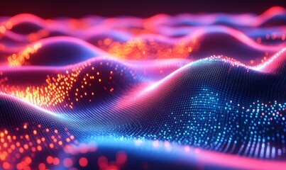 Poster - Abstract digital landscape with glowing particles in vibrant pink and blue tones