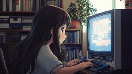 anime girl programming on desktop computer