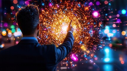 Poster - A poised well dressed executive standing confidently while facing an intricate dynamic explosion of vibrant lights and technological energy symbolizing innovation growth