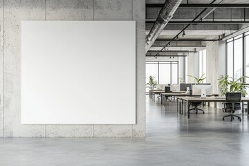 Aufkleber - A modern open-space office with a large blank white wall, concrete flooring, and sleek workstations. Ideal for office branding, workspace design, business environments, and advertisement mockups