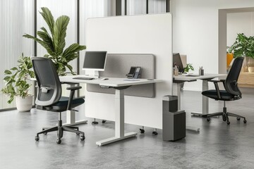 Aufkleber - A modern open-plan office with ergonomic chairs, height-adjustable desks, and a partition for privacy, surrounded by greenery. Ideal for workspace design, corporate environments, productivity concepts