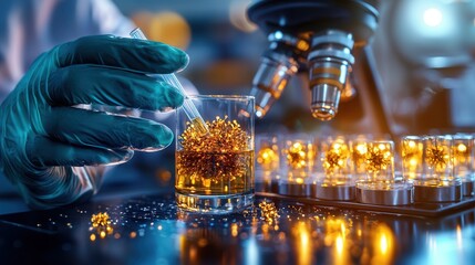 Poster - a researcher wearing protective gloves carefully holding a test tube filled with a liquid substance 