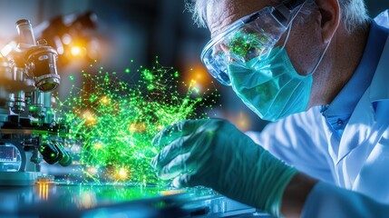Poster - a scientist intently studying and analyzing a biofuel sample under a microscope in a high tech futur
