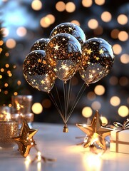 Poster - Luminous 3D star shaped balloons gently suspended against a sparkling bokeh filled backdrop creating a captivating and magical festive atmosphere