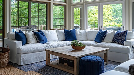 Poster - Cozy living room with a white sectional sofa and pillows by large windows with forest views