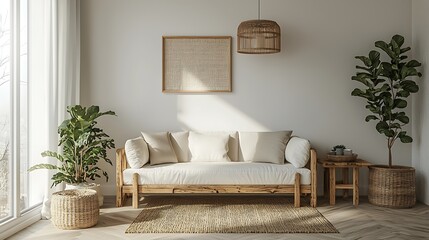 Poster - Cozy living room with sofa, plants, and natural light, interior design