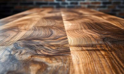 Poster - Close-up of a Dark Wood Grain Surface with an out of focus brick wall in the back