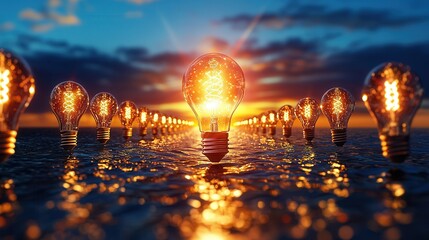 Poster - A visually captivating maze structure with bright glowing light bulbs arranged in a symmetrical grid pattern reflected on the calm mirrored surface of water