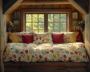 Poster - Cozy window seat with pillows and flowers, interior space, overlooking lush green trees