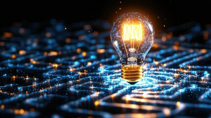 Poster - a visually striking image depicting a luminous light bulb casting its glow over a complex maze of in