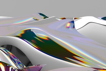 Poster - Flowing, iridescent surface with rainbow reflections creates a mesmerizing wave-like pattern in this abstract 3D illustration, set against a smooth gray background.
