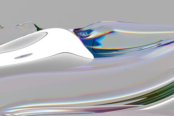 Aufkleber - Flowing, iridescent surface with rainbow reflections creates a mesmerizing wave-like pattern in this abstract 3D illustration, set against a smooth gray background.