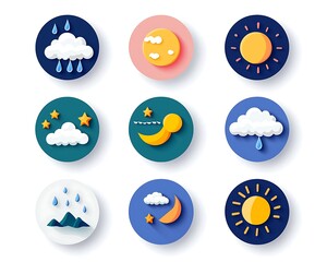 weather icons showing changes used on site. cloudy, sunny, windy, rainy, night scenes