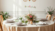 © Let it be - Elegantly Set Easter Table with Floral Centerpiece and Checkered Tablecloth
