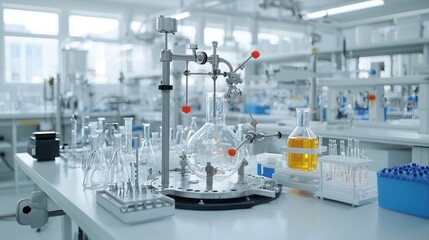 Poster - close up view of a well equipped chemical engineering laboratory with various scientific glassware a