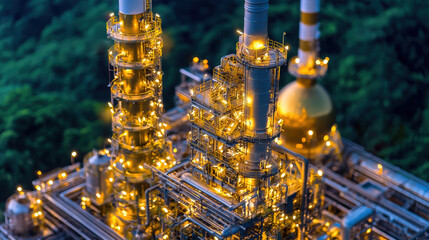 Poster - aerial perspective of a large scale fuel refinery with towering storage tanks pipelines and processi