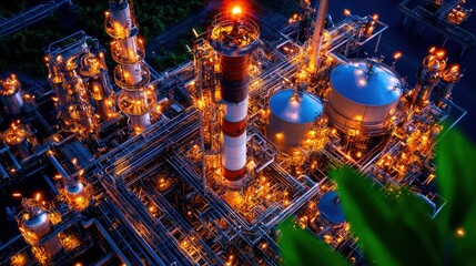 Poster - aerial perspective showcasing the expansive and complex fuel refinery with towering structures intri