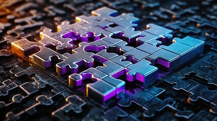Poster - Aerial View of a Massive Interconnected Puzzle Landscape in a Digital Environment  A striking and captivating abstract digital art piece that showcases a complex
