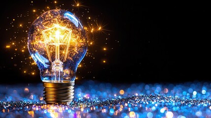 Poster - Radiant light bulb shining brightly in the center of an abstract labyrinth creating a dazzling display of glowing energy and illumination  The maze like design represents the creative process