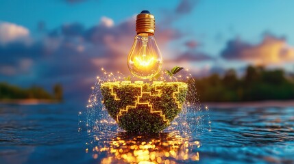 Poster - Glowing intricate maze like structure floating and reflecting in the tranquil waters emitting a soft luminous glow that creates a captivating futuristic and innovative energy concept