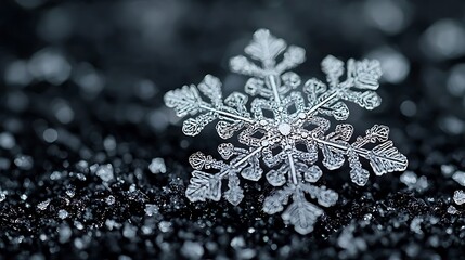 Poster - Detailed macro shot of delicate ice crystal snowflake resting on dark textured snow