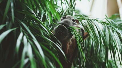 donkey grazing in lush palm trees, tropical resort background