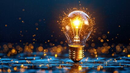 Poster - Glowing light bulb with golden sparks and radiant energy symbolizing creative problem solving  The intricate labyrinth like background adds a sense of complexity and depth to the image