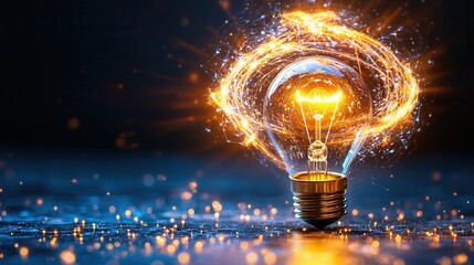 Poster - A glowing incandescent lightbulb shining brightly illuminating a futuristic conceptual landscape and symbolizing the power of innovation creativity and the pursuit of new ideas and discoveries