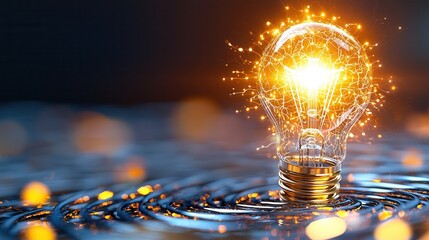 Poster - A single glowing light bulb emitting bright radiant beams of light surrounded by a burst of sparks and illumination symbolizing creative discovery