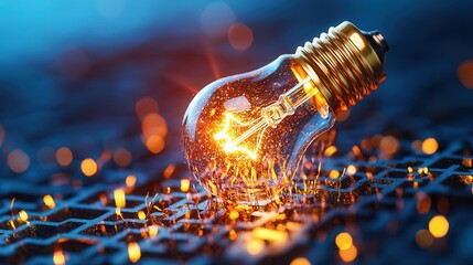 Poster - A close up shot of a shimmering incandescent lightbulb emitting a warm radiant glow against a vibrant abstract backdrop filled with colorful iridescent patterns and textures