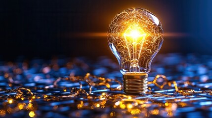 Poster - A glowing light bulb positioned at the center of an intricate interconnected maze symbolizing the power of innovation creativity