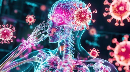 Poster - anatomical x ray view of human head and respiratory system showing glowing viral cells in a futurist