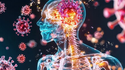 Poster - Anatomical X ray visualization of the human head and respiratory system with a conceptual and surreal depiction of a viral infection or pandemic  This digital futuristic