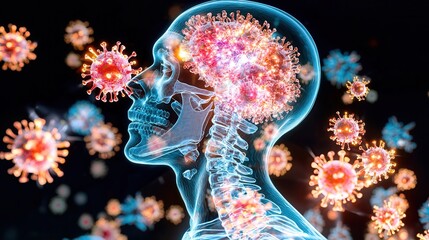 Poster - anatomical x ray view of a human head and respiratory system battling coronavirus pandemic