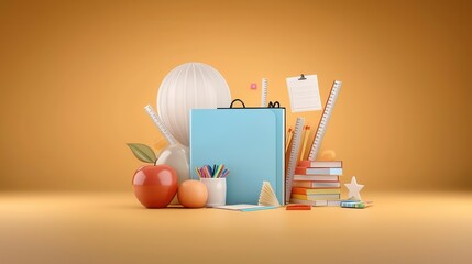 Poster - Bright and cheerful 3D rendered educational concept with books stationery and other school supplies on a yellow background  This image represents the idea of learning knowledge and academic success