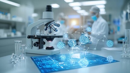 Poster - A close up view of chemical compounds interacting and being observed under a high powered microscope in a laboratory setting showcasing the scientific research and analysis process