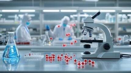 Poster - scientific investigation in a laboratory setting using a microscope and various chemical compounds f