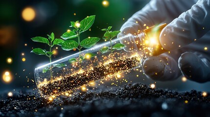 Poster - Close up view of a researcher wearing protective gloves carefully examining a thriving green plant seedling growing in a laboratory setting symbolizing scientific discovery innovation