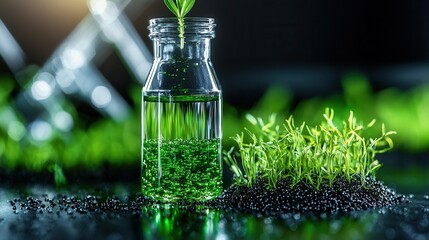 Poster - Closeup view of a sprouting green seedling or plant specimen growing in a glass laboratory container or bottle indicating scientific research and environmental innovation