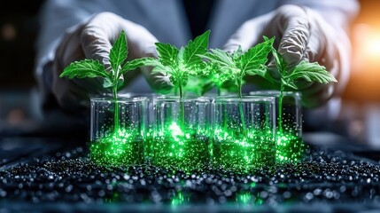 Poster - close up view of a researcher wearing protective gloves carefully examining small green seedlings gr