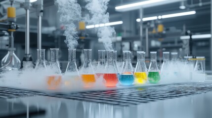 Poster - close up view of various colorful chemical reactions taking place in a laboratory setting with bubbl