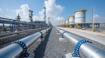 Poster - close up view of a network of metallic gas pipelines stretching through an expansive industrial faci