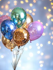 Poster - Vibrant and Whimsical Arrangement of Colorful Metallic Star Shaped Balloons Floating Gracefully in Mid Air Against a Blurred Bokeh Background Creating a Festive and Celebratory Atmosphere