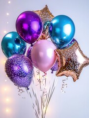 Poster - Colorful metallic star shaped balloons suspended in mid air creating a captivating and whimsical atmosphere perfect for festive special events  The vibrant shimmering balloons evoke a sense of joy