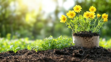 Poster - compost bin filled with biodegradable waste and surrounded by a flourishing garden of vibrant yellow