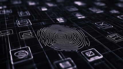Poster - Dark and Fingerprint Maze with an Intricately Patterned Digital Design Representing Themes of Technology Security and Identity