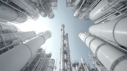 Poster - detailed aerial perspective of a large gas processing plant with an intricate network of interconnec